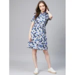 Women's Polyester Floral Short Sleeve Above Knee Dress (Blue - White) - Image 6
