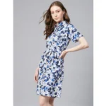 Women's Polyester Floral Short Sleeve Above Knee Dress (Blue - White) - Image 4