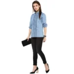 Women's Denim Solid 3-4th Sleeves Standard Length Shirt (Blue) - Image 6