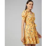 Women's Polyester Floral Short Sleeve Above Knee Dress (Yellow) - Image 3