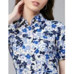 Women's Polyester Floral Short Sleeve Above Knee Dress (Blue - White) - Image 2