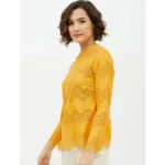 Women's Cotton Lace Inserts Long Sleeves Top (Yellow) - Image 3