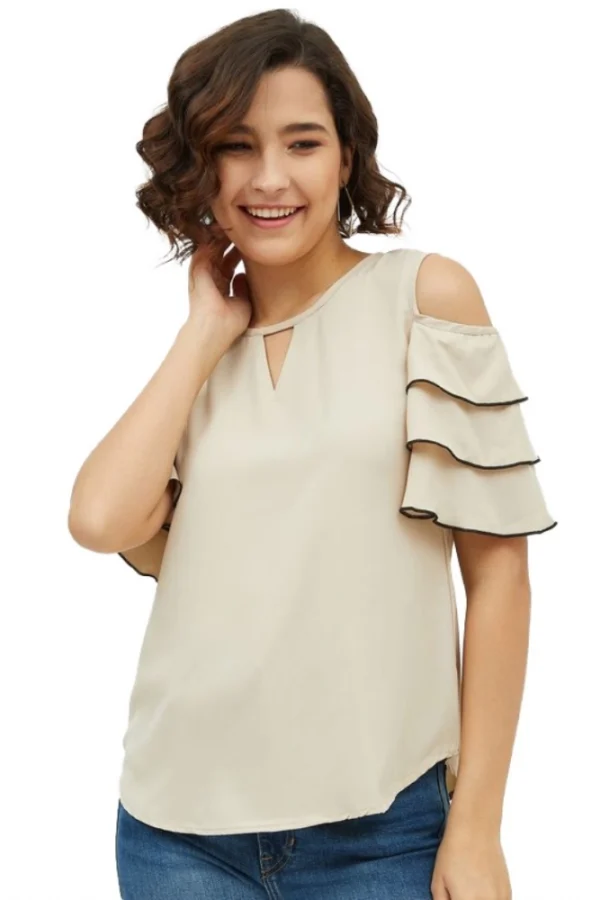 Women's Polyester Tiered Cold Shoulder Top (Beige)