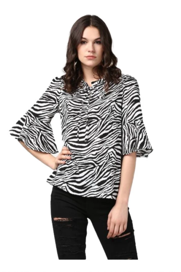 Women's Polyester Animal Print Bell Sleeve Top (Black - White)