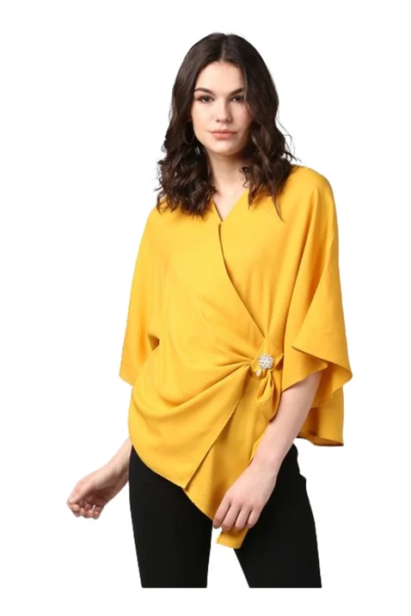 Women's Polyester Solid Cape Sleeve Top (Yellow)