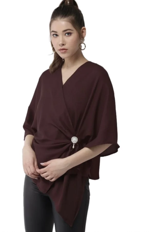 Women's Polyester Solid Cape Sleeve Top (Maroon)