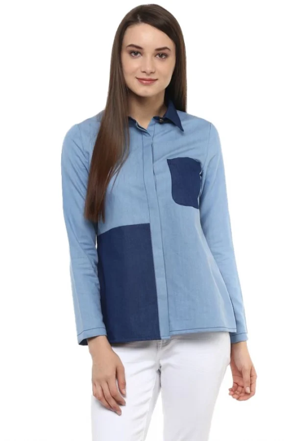 Women's Denim Patch Work Long Sleeves Regular Top (Blue)