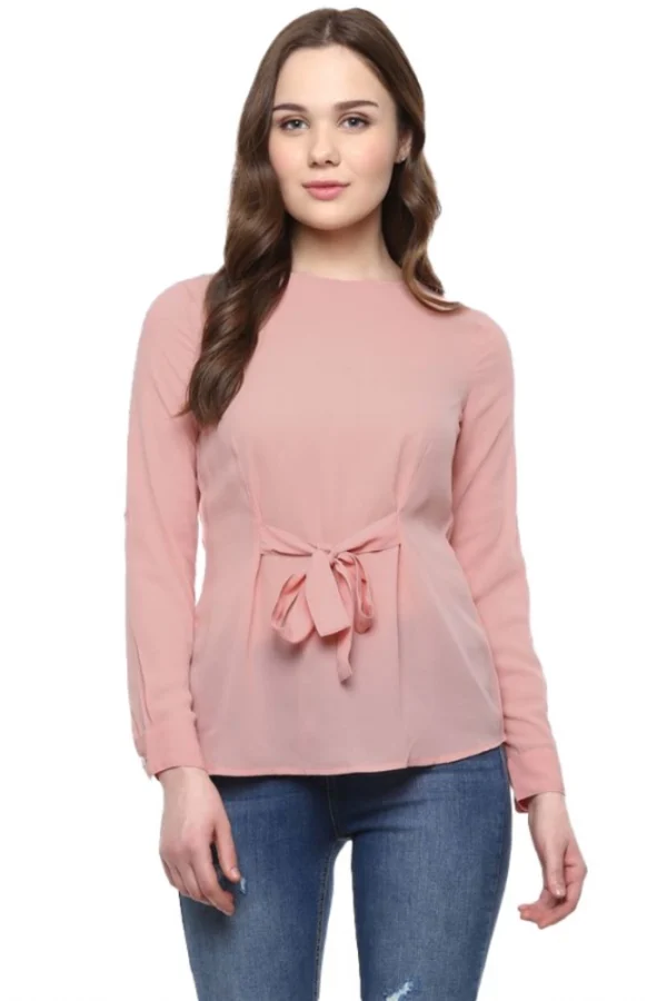 Women's Polyester Solid Long Sleeves Regular Top (Pink)