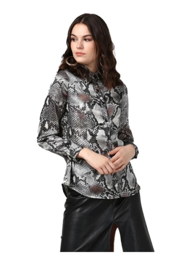 Women's Satin Animal Print Long Sleeves Standard Length Shirt (Black - Grey)