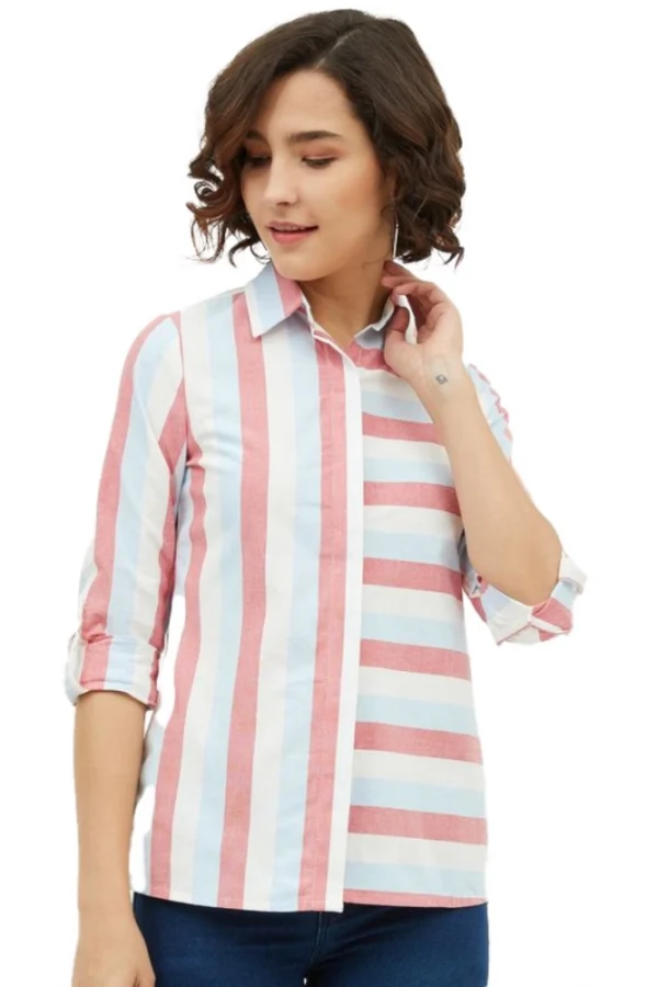 Women's Cotton Striped Long Sleeves Standard Length Shirt (Pink)