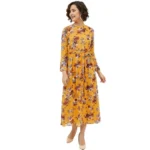 Women's Polyester Floral Long Sleeves Calf-length Dress (Multicolor)
