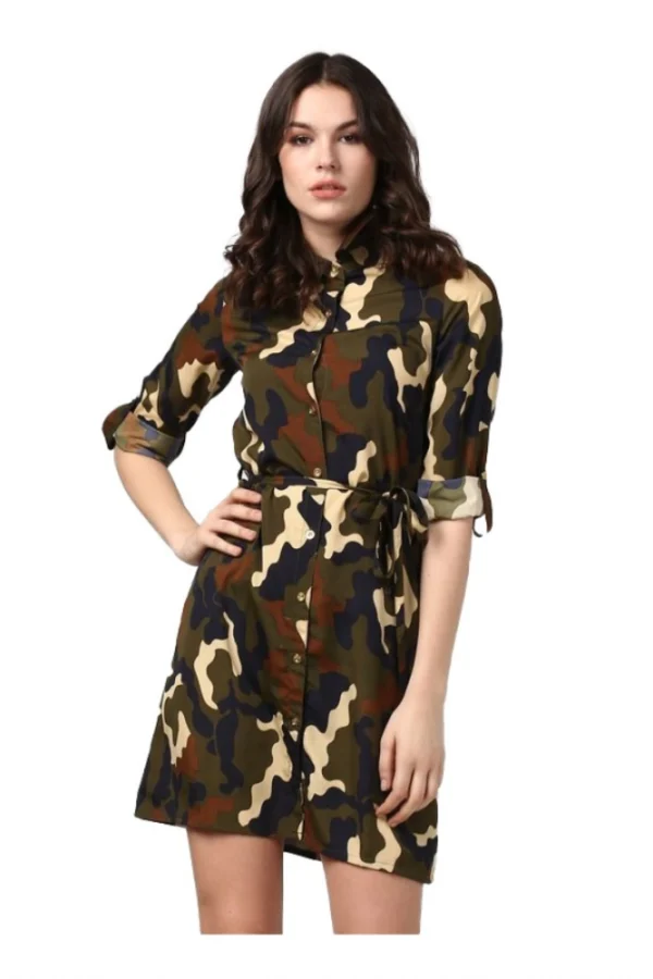 Women's Polyester Printed Roll Up Sleeve Tunic Top (Green - Black)