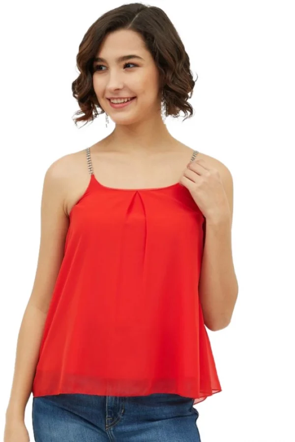 Women's Polyester Embellished Shoulder Straps Top (Red)