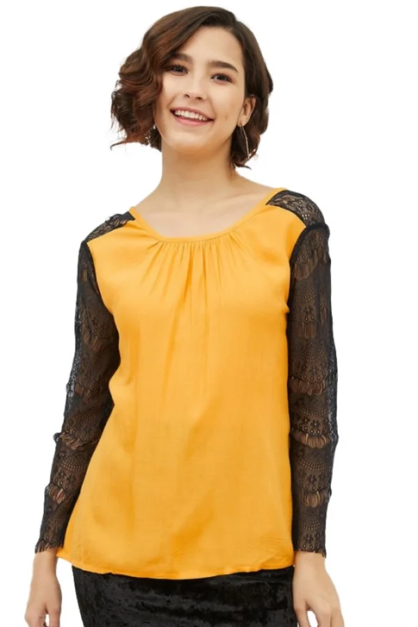 Women's Rayon Lace Inserts Long Sleeves Top (Yellow)
