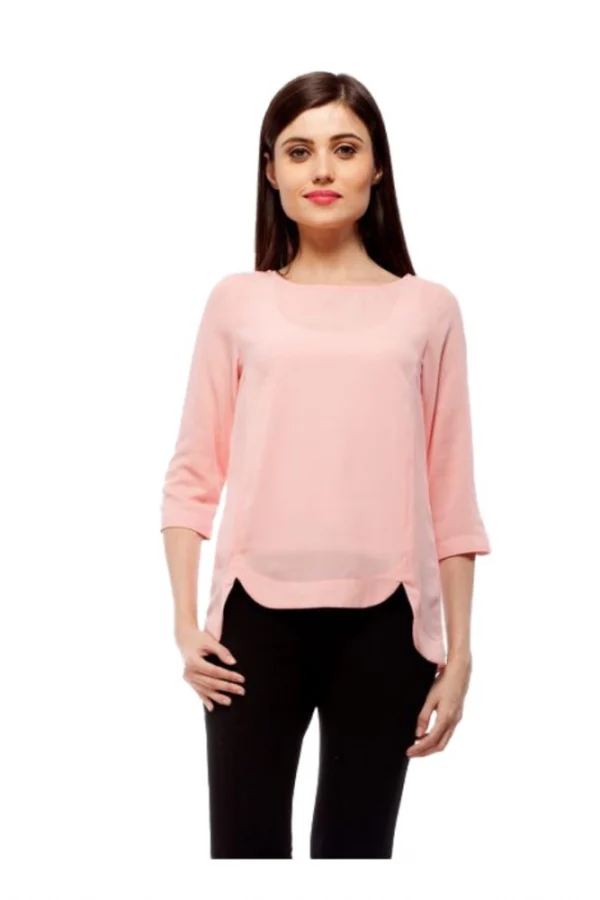 Women's Polyester Solid 3-4th Sleeves Regular Top (Peach)