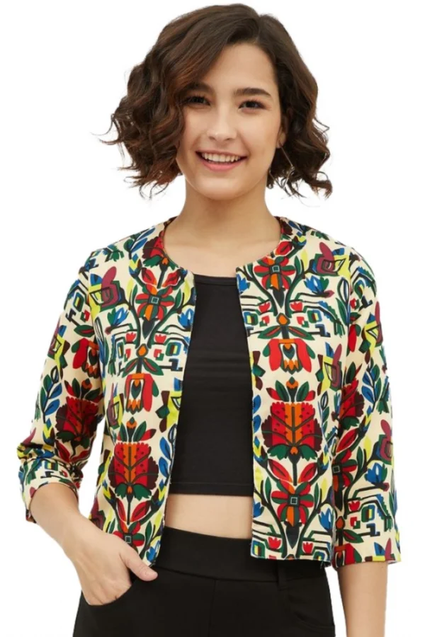 Women's Polyester Floral 3-4th Sleeves Shrug (Multicolor)