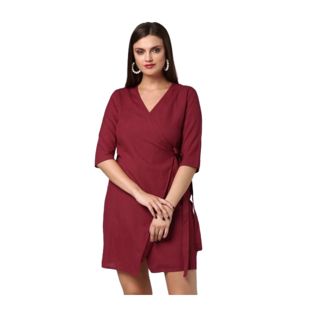 54041513836_8b6ba0d512_o_d-1000x1000-1.webp Women's Cotton Solid 3-4th Sleeves Above Knee Dress (Maroon) - Image 1