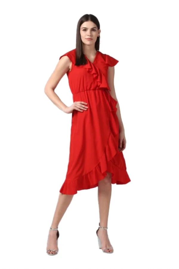 Women's Polyester Ruffled Cap Sleeve Knee-Length Dress (Red)