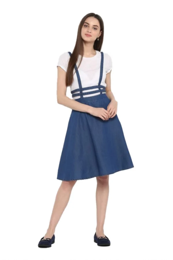 Women's Denim Solid Shoulder Straps Below Knee Dress (Blue)