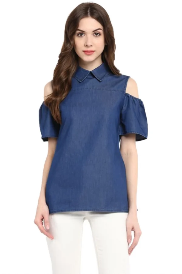 Women's Denim Solid Cold Shoulder Regular Top (Blue)