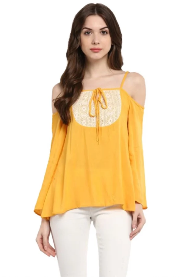 Women's Rayon Embellished Cold Shoulder Regular Top (Mustard Yellow)