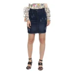 Women's Denim Distressed Buttoned Skirt (Blue)