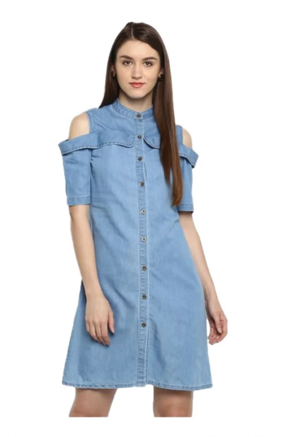 Women's Denim Solid Cold Shoulder Above Knee Dress (Blue)