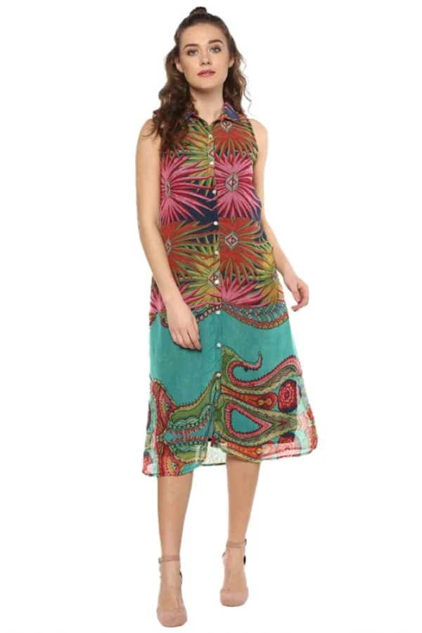 Women's Polyester Floral Sleeveless Below Knee Dress (Multicolor)