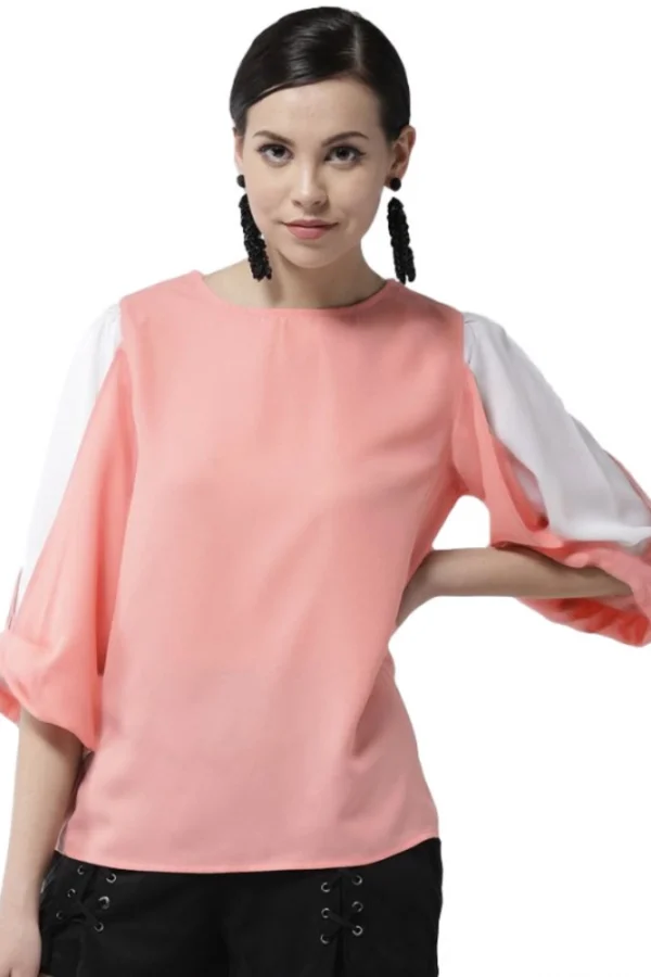 Women's Polyester Colour Block Slit Sleeve Top (Pink)