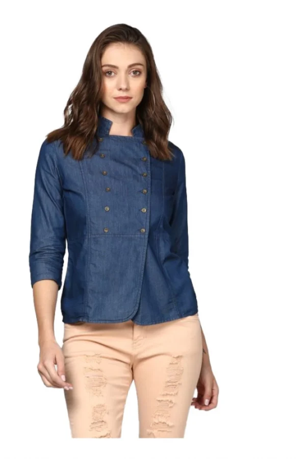 Women's Denim Solid 3-4th Sleeves Top (Blue)