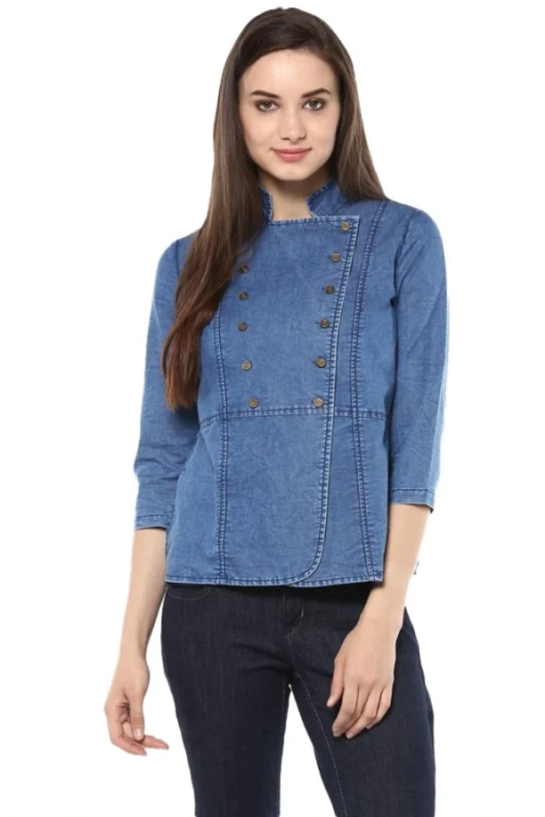 Women's Denim Solid 3-4th Sleeves Regular Top (Blue)