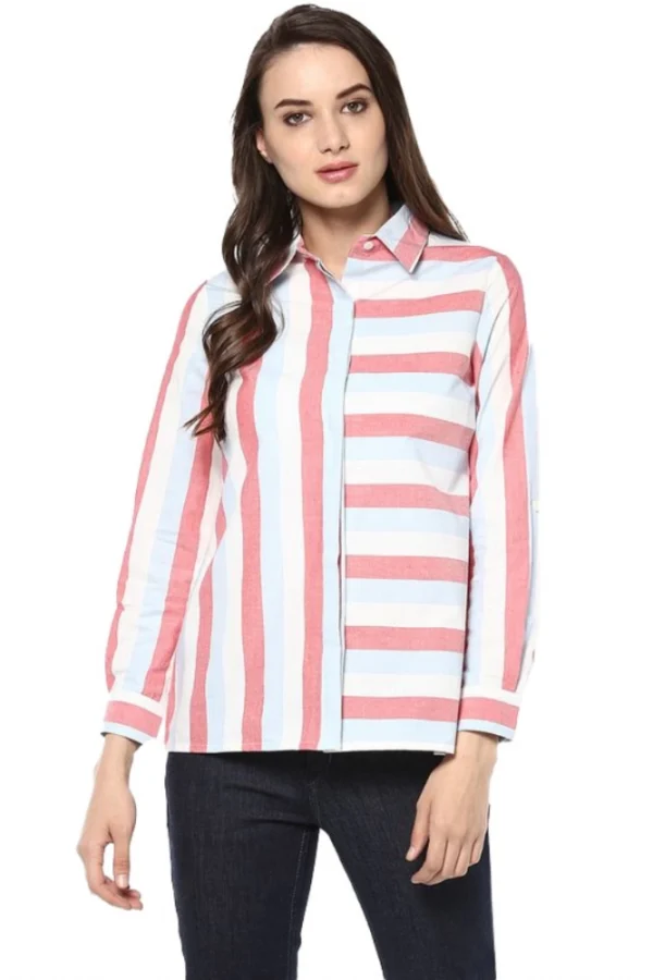 Women's Cotton Striped Roll Up Sleeve Regular Top (Red)