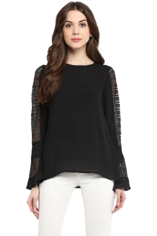 Women's Polyester Georgette Self Design Bell Sleeve Regular Top (Black)
