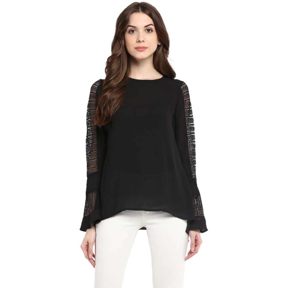 54041835519_7e10c52487_o_d-1000x1000-1.webp Women's Polyester Georgette Self Design Bell Sleeve Regular Top (Black) - Image 1