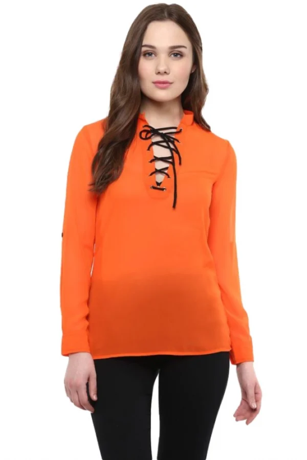 Women's Polyester Solid Long Sleeves Regular Top (Orange)
