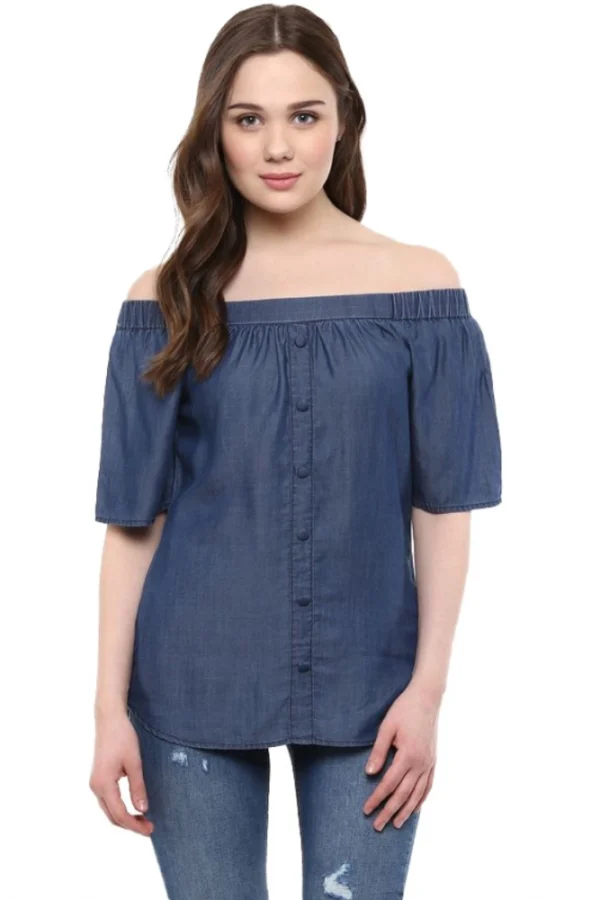 Women's Denim Solid Short Sleeve Regular Top (Blue)