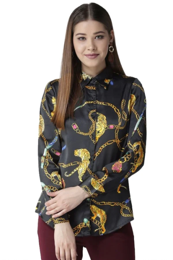 Women's Satin Printed Long Sleeves Standard Length Shirt (Black - Gold)