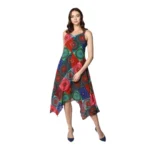Women's Polyester Asymmetrical Shoulder Straps Knee-Length Dress (Multicolor)