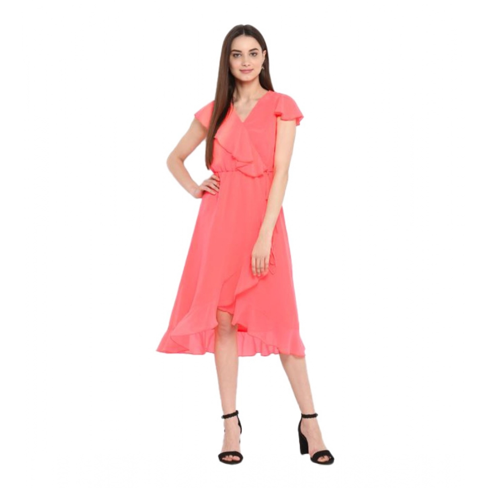 54041836309_970dc797c5_o_d-1000x1000-1.webp Women's Polyester Ruffled Cap Sleeve Below Knee Dress (Coral Pink) - Image 1