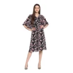 Women's Polyester Floral Short Sleeve Knee-Length Dress (Black - Multicolor)