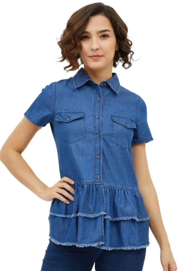 Women's Denim Peplum Short Sleeve Top (Blue)
