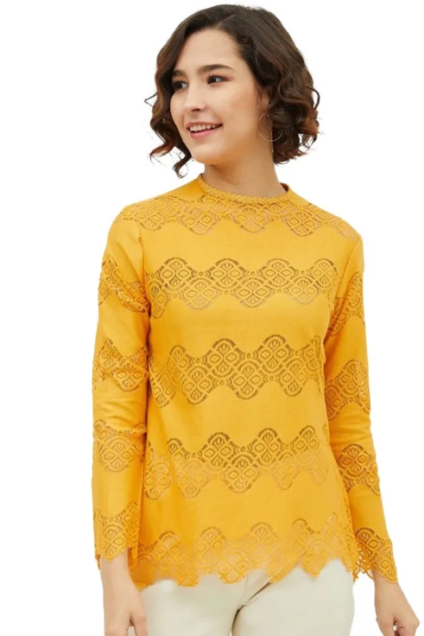 Women's Cotton Lace Inserts Long Sleeves Top (Yellow)