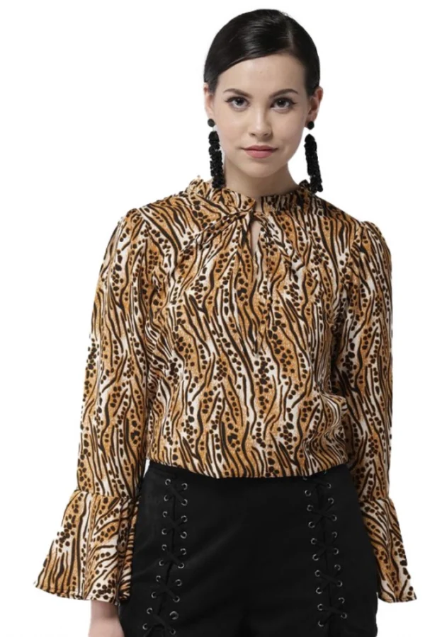 Women's Polyester Printed Bell Sleeve Top (Orange - Black)