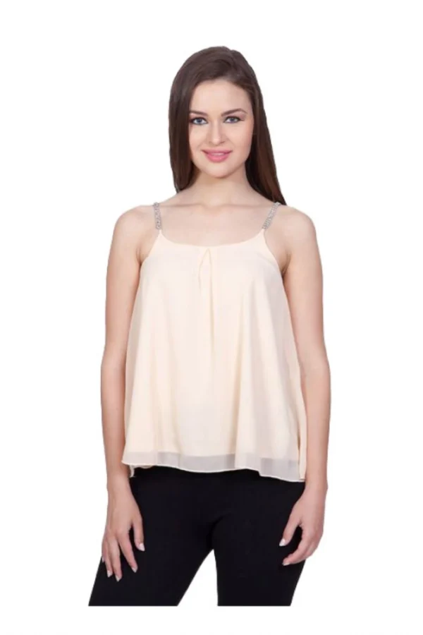 Women's Polyester Solid Shoulder Straps Regular Top (Beige)
