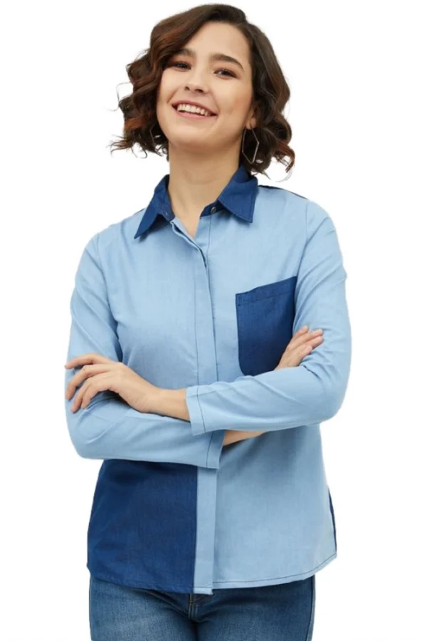 Women's Denim Patch Work Long Sleeves Standard Length Shirt (Blue)