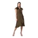 Women's Polyester Ruffled Cap Sleeve Knee-Length Dress (Olive)