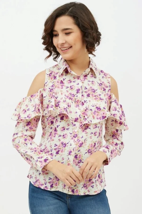 Women's Polyester Floral Cold Shoulder Standard Length Shirt (White)
