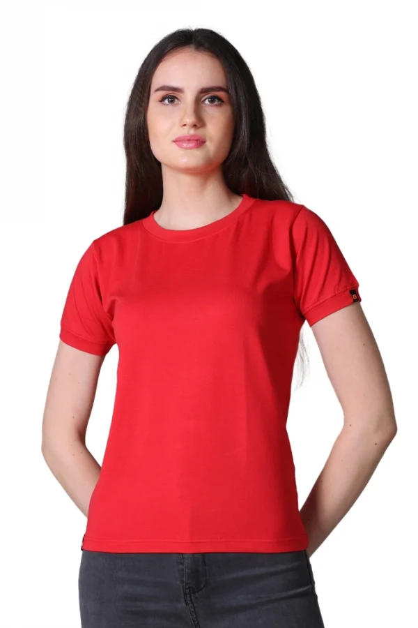 Women's Cotton Blended Solid Round Neck Half Sleeve T-Shirt (Red)