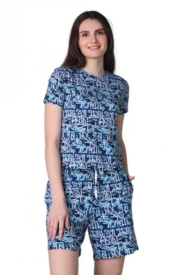 Women's Cotton Blended Printed Round Neck Half Sleeve Top - Shorts Set (White-Blue)