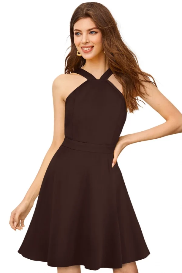 Women's Knitting stretchable Solid Halter Neck Sleeveless Dress (Coffee)